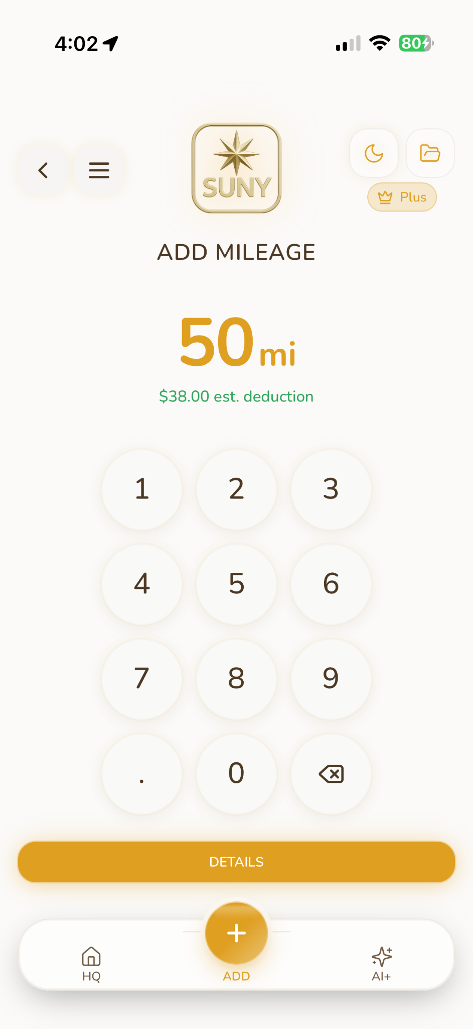 SUNY Add Mileage screen for recording work miles.