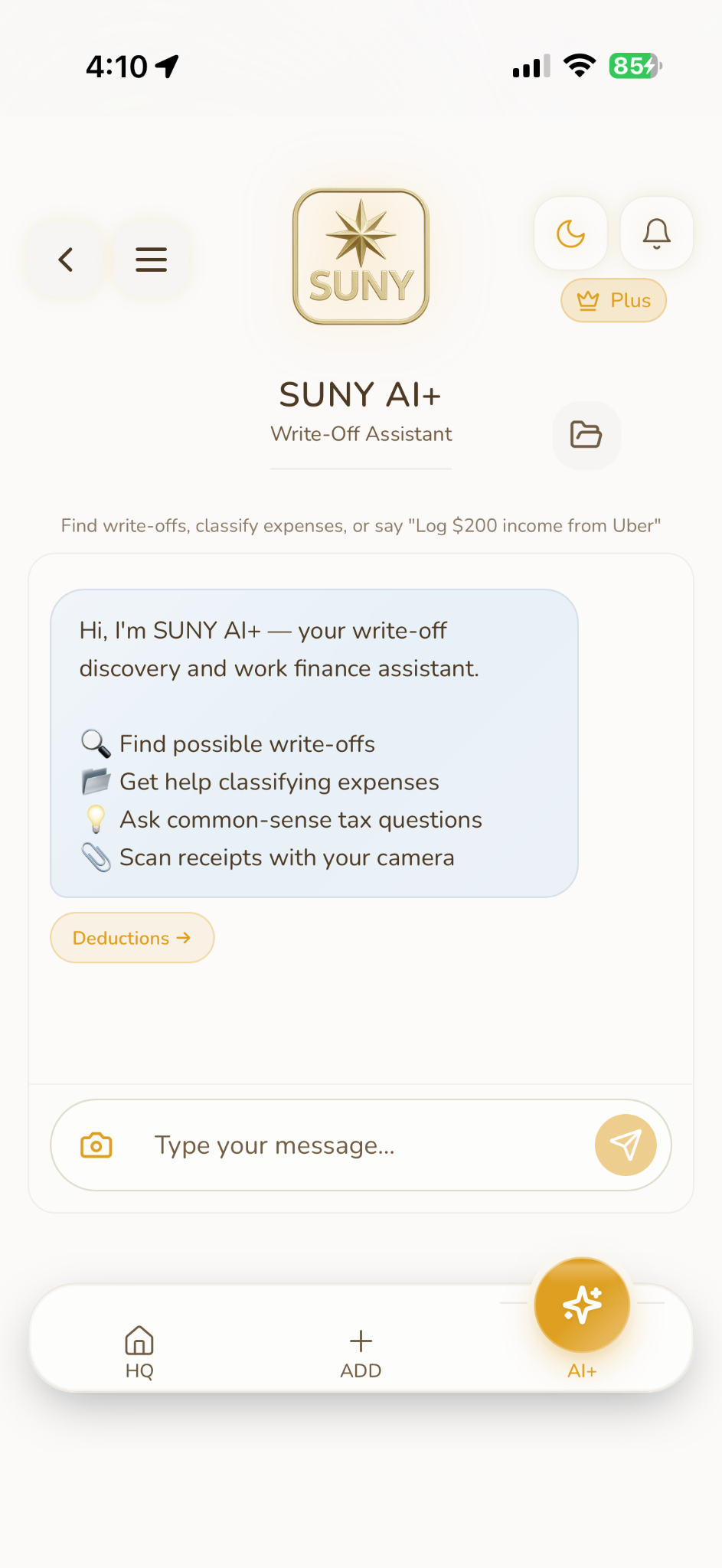 SUNY AI Plus write-off assistant for expense classification.